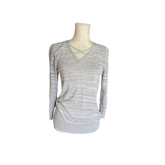 Lety & Me Light Gray Lace Knit Sweater V-Neck With Criss Cross & Crochet Accent - Picture 1 of 10